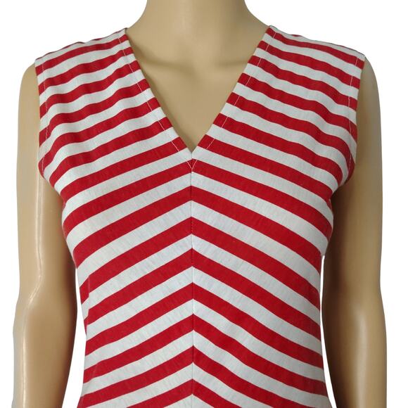 1970s Red White Bodycon Striped Fit Flare Sleeveless V Neck Dress Size Small - Picture 4 of 7